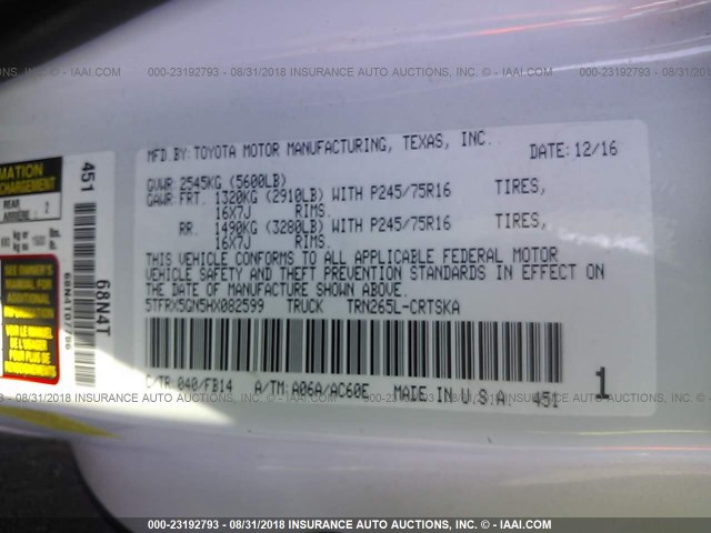 5TFRX5GN5HX082599 - 2017 TOYOTA TACOMA ACCESS CAB/SR/SR5 თეთრი ფოტო 9