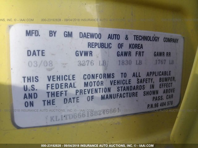 KL1TD66618B246661 - 2008 CHEVROLET AVEO LS YELLOW photo 9