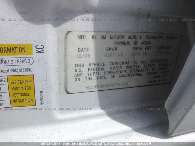 KL1TD66667B755031 - 2007 CHEVROLET AVEO LS WHITE photo 9