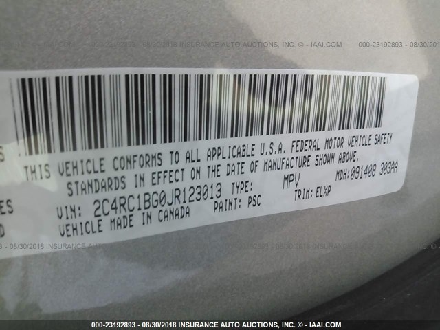 2C4RC1BG0JR123013 - 2018 CHRYSLER PACIFICA TOURING L Մոխրագույն լուսանկար 9