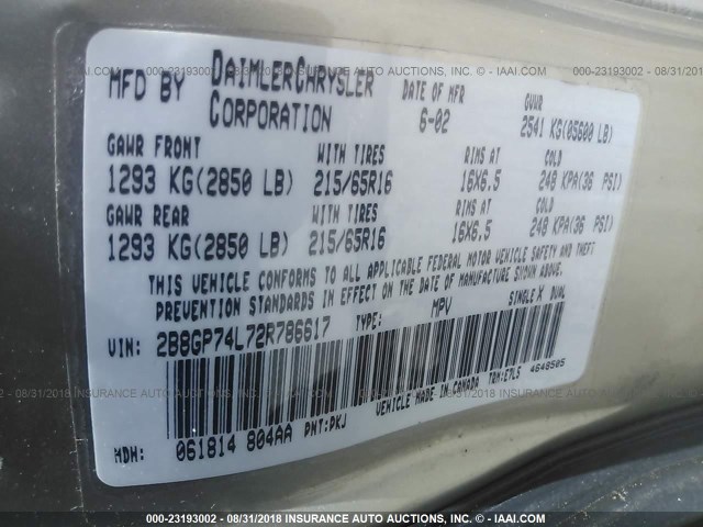 2B8GP74L72R786617 - 2002 DODGE GRAND CARAVAN EX Champagne photo 9