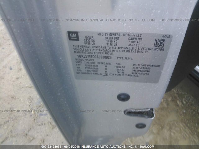 1GKLVMED0AJ230929 - 2010 GMC ACADIA SLT-1 Srebrny zdjęcie 9