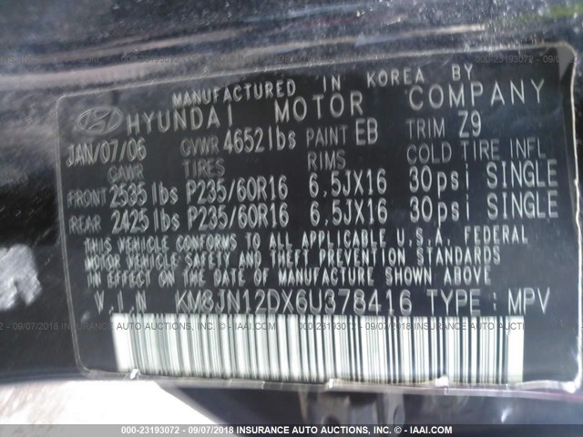 KM8JN12DX6U378416 - 2006 HYUNDAI TUCSON GLS/LIMITED 黑色 照片 9