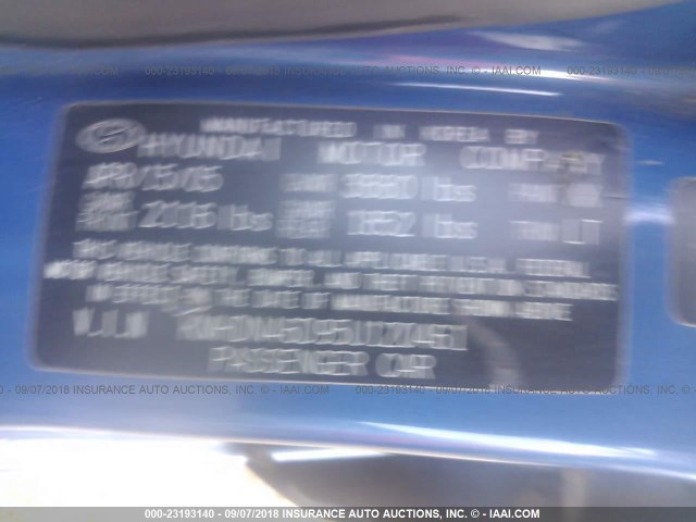 KMHDN46D95U120461 - 2005 HYUNDAI ELANTRA GLS/GT BLUE photo 9