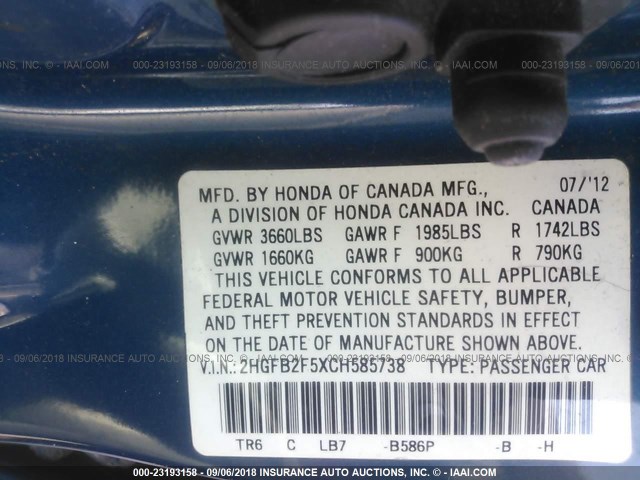 2HGFB2F5XCH585738 - 2012 HONDA CIVIC LX BLUE photo 9