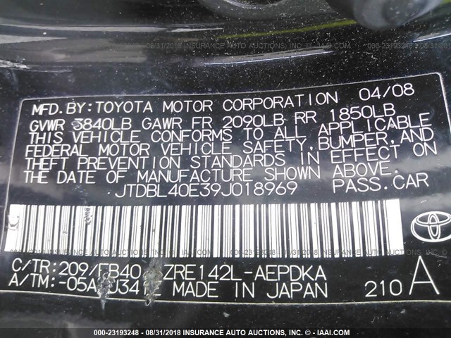 JTDBL40E39J018969 - 2009 TOYOTA COROLLA LE/XLE BLACK photo 9