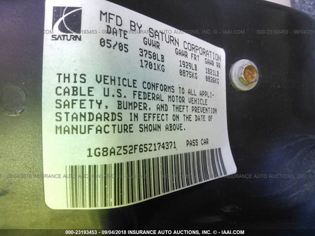 1G8AZ52F65Z174371 - 2005 SATURN ION LEVEL 2 蓝色 照片 9