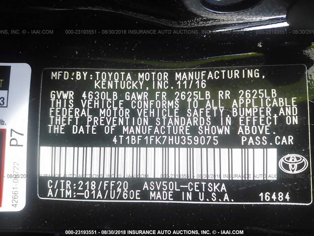 4T1BF1FK7HU359075 - 2017 TOYOTA CAMRY LE/XLE/SE/XSE 黑色 照片 9