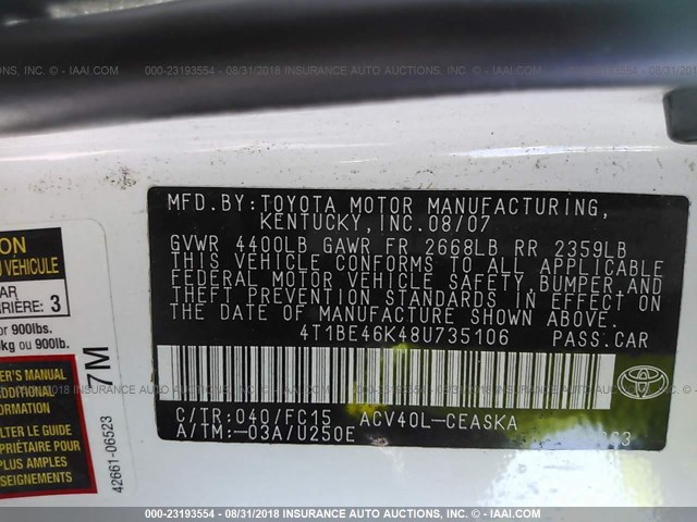 4T1BE46K48U735106 - 2008 TOYOTA CAMRY CE/LE/XLE/SE WHITE photo 9