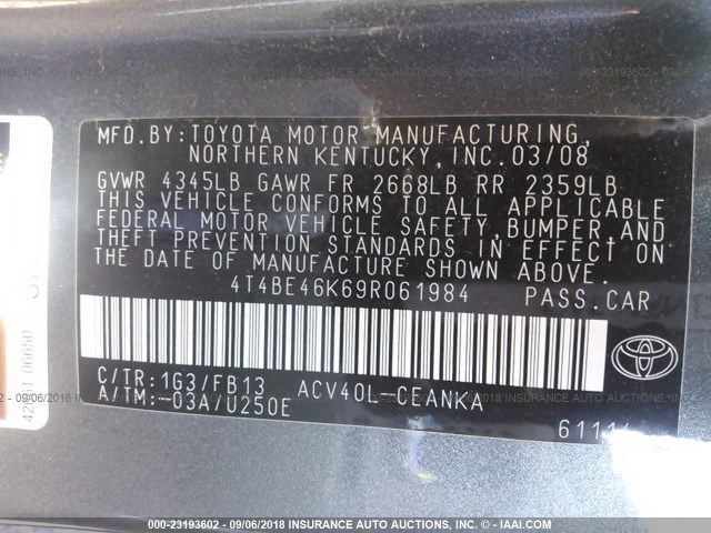 4T4BE46K69R061984 - 2009 TOYOTA CAMRY SE/LE/XLE 灰色 照片 9