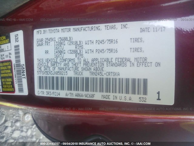 5TFSX5EN3JX058215 - 2018 TOYOTA TACOMA ACCESS CAB/SR/SR5 RED photo 9