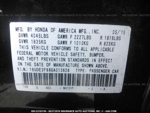 19UDE2F88GA013628 - 2016 ACURA ILX PREMIUM STYLE/TECH STYLE BLACK photo 9