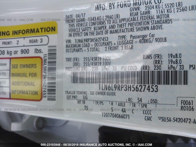 1LN6L9RP3H5627453 - 2017 LINCOLN CONTINENTAL RESERVE Weiß Foto 9