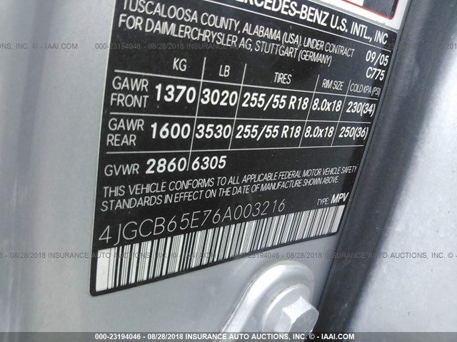 4JGCB65E76A003216 - 2006 MERCEDES-BENZ R 350 SILVER photo 9