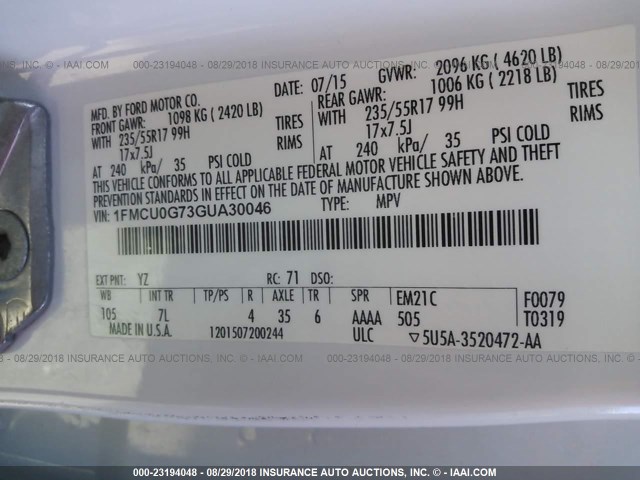 1FMCU0G73GUA30046 - 2016 FORD ESCAPE SE WHITE photo 9