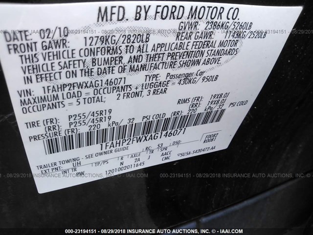 1FAHP2FWXAG146071 - 2010 FORD TAURUS LIMITED BLACK photo 9