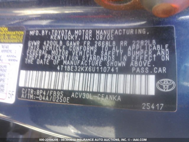 4T1BE32KX6U110741 - 2006 TOYOTA CAMRY LE/XLE/SE 蓝色 照片 9