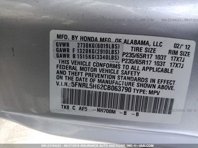 5FNRL5H62CB063790 - 2012 HONDA ODYSSEY EXL ვერცხლისფერი ფოტო 9