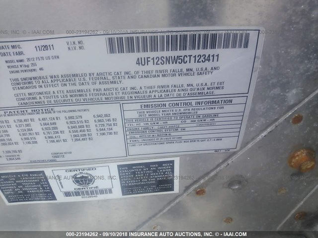4UF12SNW5CT123411 - 2012 ARCTIC CAT SNOWMOBILE ნარინჯისფერი ფოტო 9