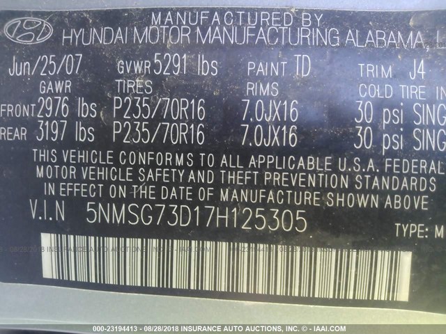 5NMSG73D17H125305 - 2007 HYUNDAI SANTA FE GLS GRAY photo 9