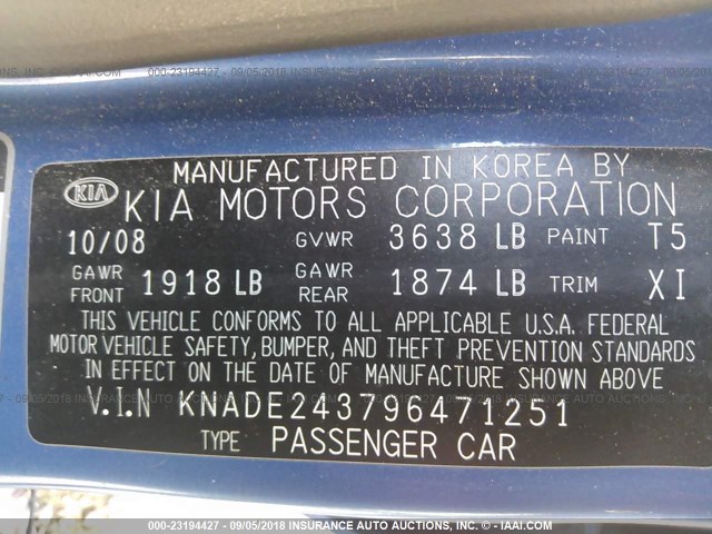 KNADE243796471251 - 2009 KIA RIO 5 SX BLUE photo 9