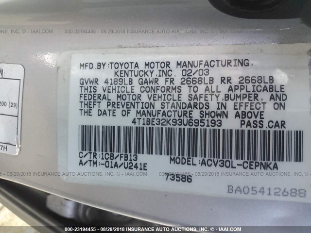 4T1BE32K93U695193 - 2003 TOYOTA CAMRY LE/XLE/SE SILVER photo 9
