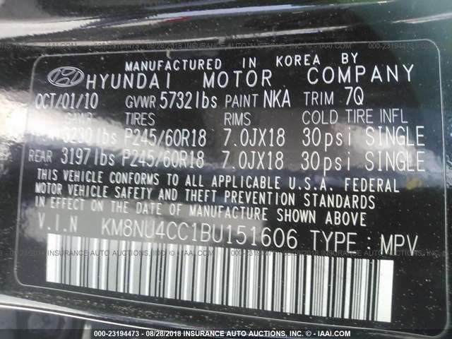 KM8NU4CC1BU151606 - 2011 HYUNDAI VERACRUZ GLS/LIMITED BLACK photo 9