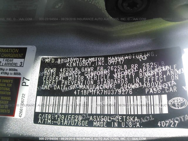 4T1BF1FK7HU379276 - 2017 TOYOTA CAMRY LE/XLE/SE/XSE SILVER photo 9