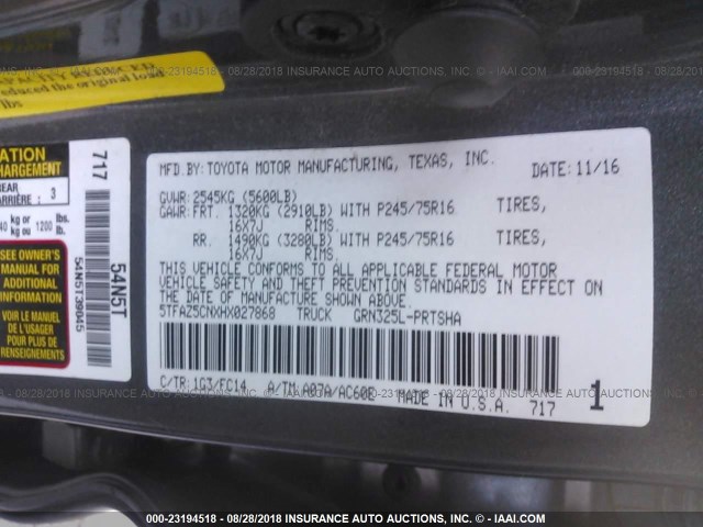 5TFAZ5CNXHX027868 - 2017 TOYOTA TACOMA DBL CAB/SR5/TRD SPORT/OR 灰色 照片 9