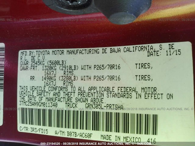 3TMCZ5AN9GM011340 - 2016 TOYOTA TACOMA DBL CAB/SR/SR5/TRD SPT/OR RED photo 9