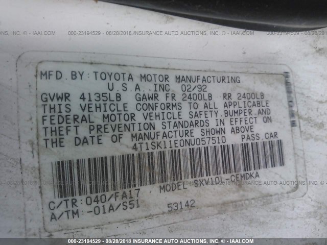 4T1SK11E0NU057510 - 1992 TOYOTA CAMRY DLX WHITE photo 9