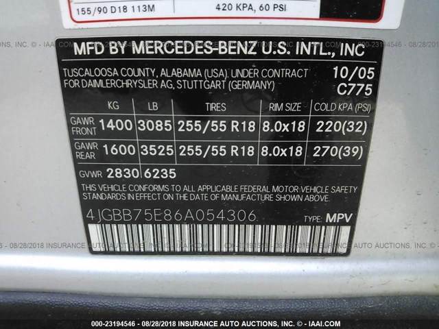 4JGBB75E86A054306 - 2006 MERCEDES-BENZ ML 500 SILVER photo 9