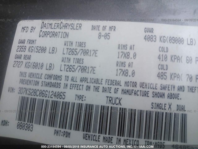 3D7KS28C06G124065 - 2006 DODGE RAM 2500 ST/SLT/LARAMIE ნაცრისფერი ფოტო 9