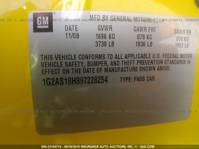 1G2AS18H897228254 - 2009 PONTIAC G5 YELLOW photo 9