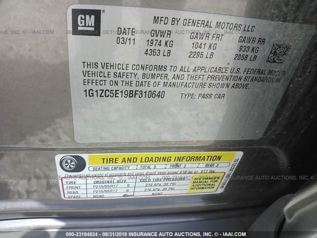 1G1ZC5E19BF310640 - 2011 CHEVROLET MALIBU 1LT ნაცრისფერი ფოტო 9