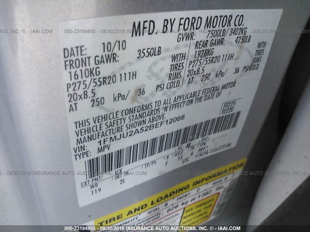 1FMJU2A52BEF12066 - 2011 FORD EXPEDITION LIMITED SILVER photo 9