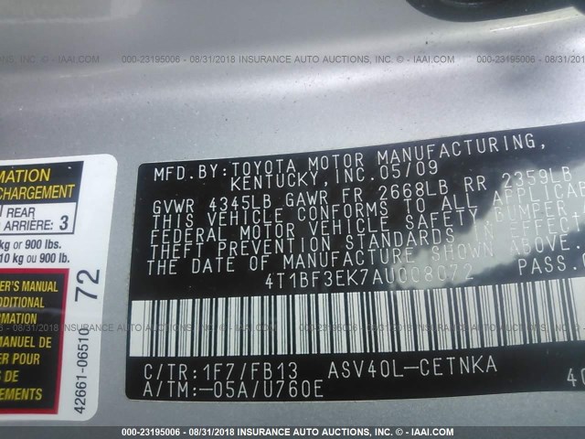 4T1BF3EK7AU008072 - 2010 TOYOTA CAMRY SE/LE/XLE 银色 照片 9