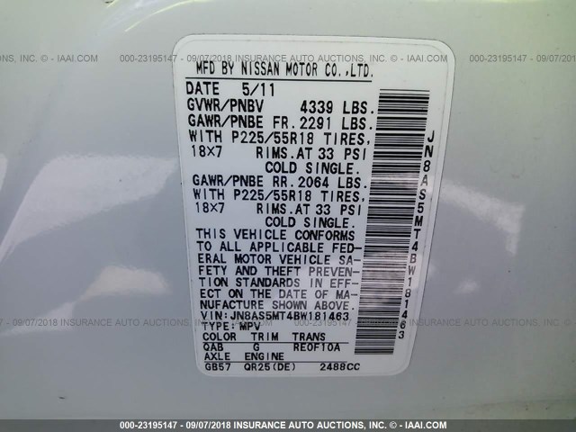 JN8AS5MT4BW181463 - 2011 NISSAN ROGUE S/SV/KROM WHITE photo 9