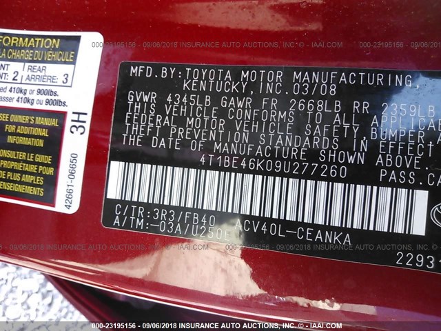 4T1BE46K09U277260 - 2009 TOYOTA CAMRY SE/LE/XLE წითელი ფოტო 9