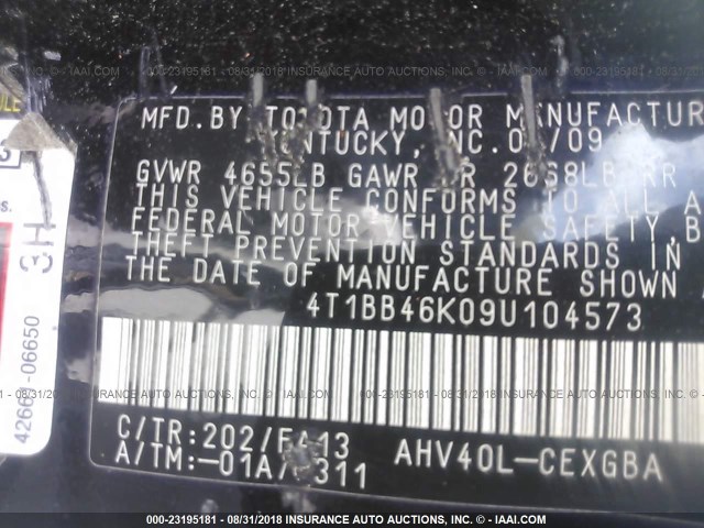 4T1BB46K09U104573 - 2009 TOYOTA CAMRY HYBRID BLACK photo 9