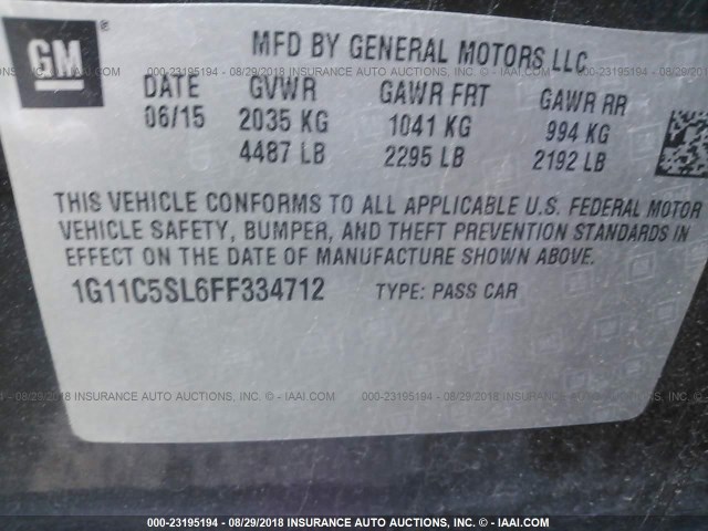 1G11C5SL6FF334712 - 2015 CHEVROLET MALIBU 1LT შავი ფოტო 9