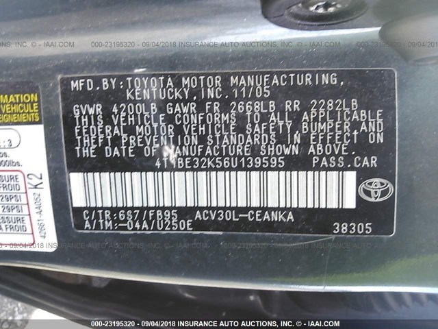 4T1BE32K56U139595 - 2006 TOYOTA CAMRY LE/XLE/SE Yaşıl foto 9