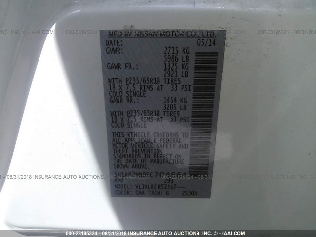 5N1AR2MN0EC704664 - 2014 NISSAN PATHFINDER S/SV/SL/PLATINUM WHITE photo 9