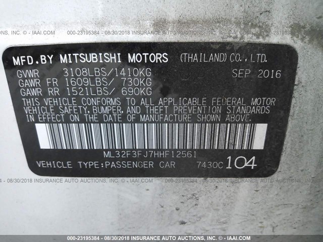 ML32F3FJ7HHF12561 - 2017 MITSUBISHI MIRAGE G4 ES თეთრი ფოტო 9