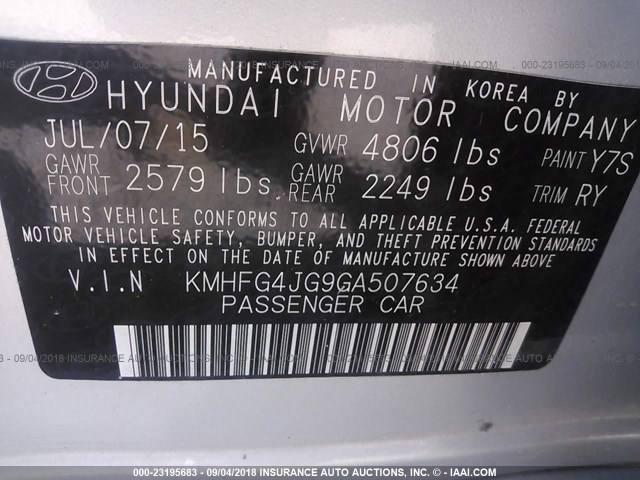 KMHFG4JG9GA507634 - 2016 HYUNDAI AZERA GRAY photo 9