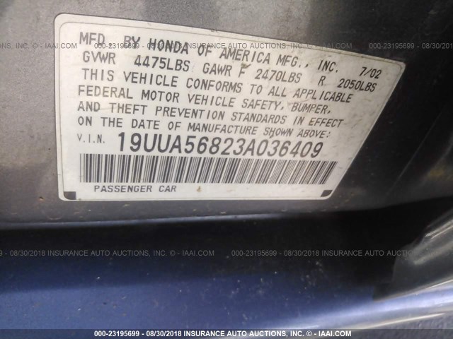 19UUA56823A036409 - 2003 ACURA 3.2TL TYPE-S GRAY photo 9