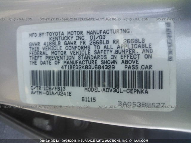 4T1BE32K83U684329 - 2003 TOYOTA CAMRY LE/XLE/SE 银色 照片 9