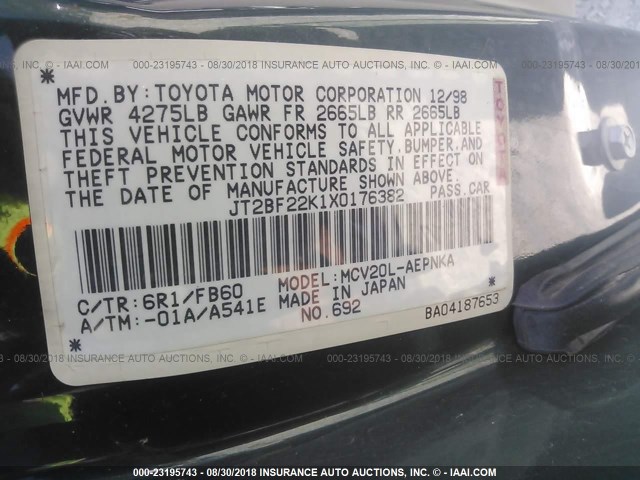 JT2BF22K1X0176382 - 1999 TOYOTA CAMRY LE/XLE 绿色 照片 9