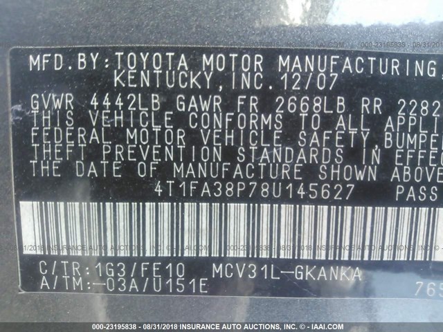 4T1FA38P78U145627 - 2008 TOYOTA CAMRY SOLARA SE/SLE/SPORT GRAY photo 9