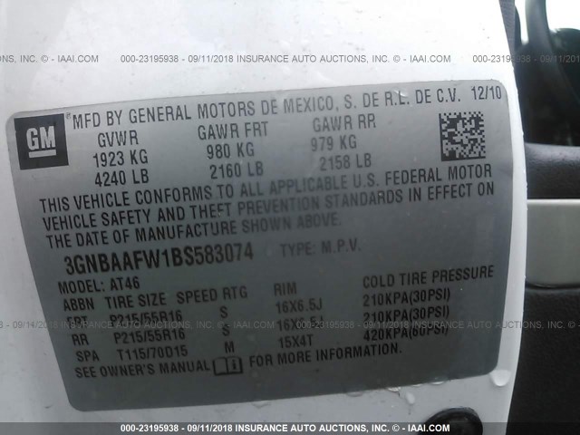 3GNBAAFW1BS583074 - 2011 CHEVROLET HHR LS თეთრი ფოტო 9